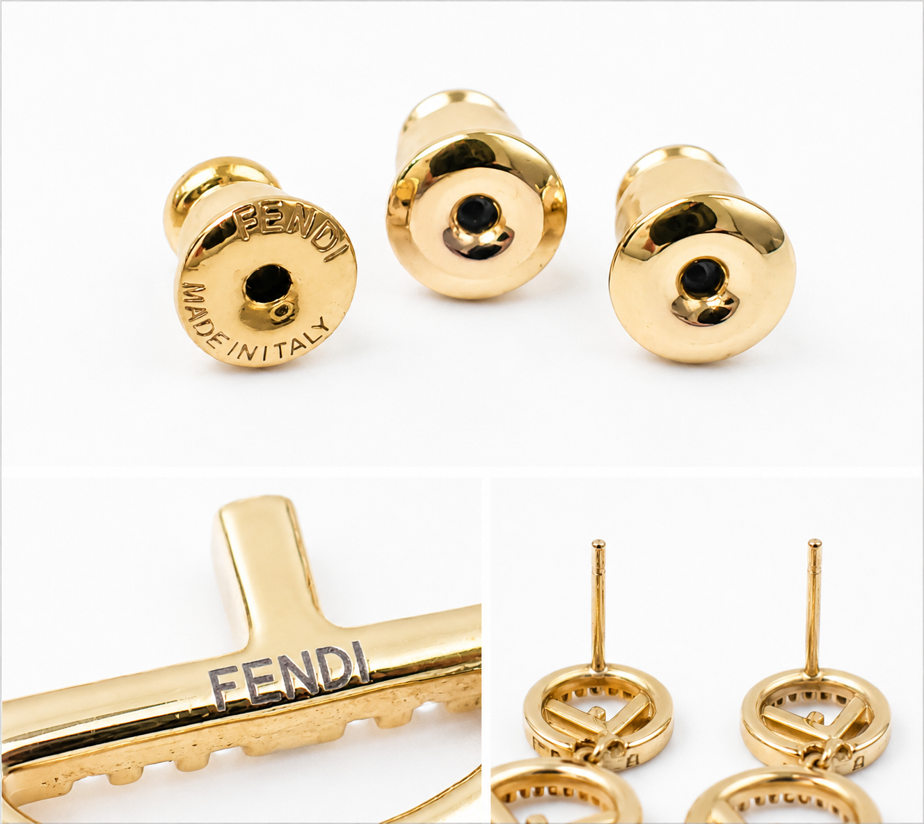 Authentic Fendi Crystal Logo Drop Earrings Gold Tone Made in Italy