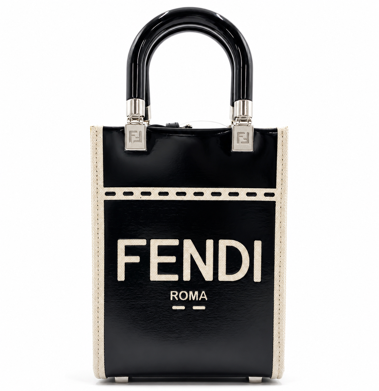 Fendi Sunshine Mini Shopper Tote Bag – Black Leather & Canvas Logo