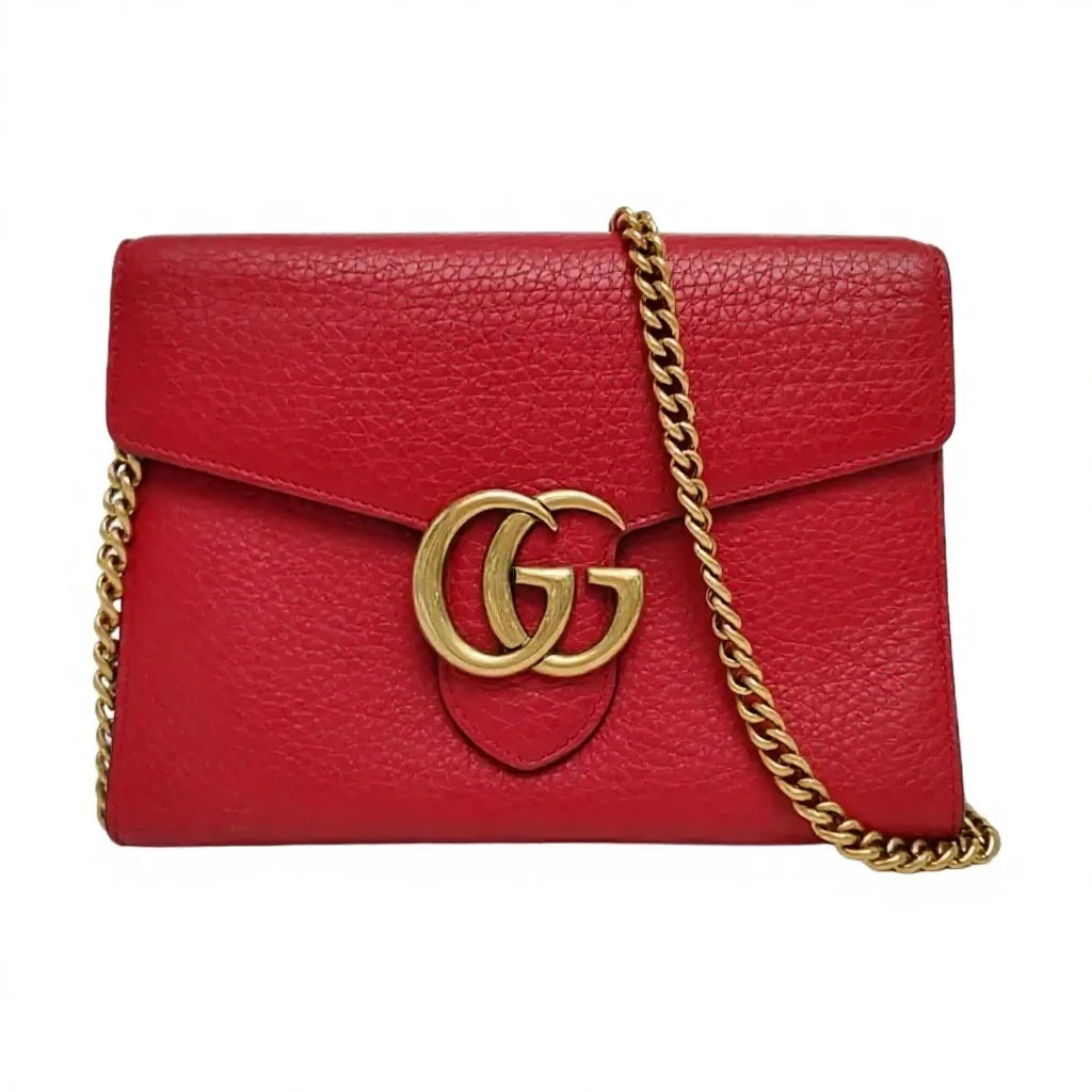 Gucci GG Marmont Mini Red Pebbled Leather Chain Bag