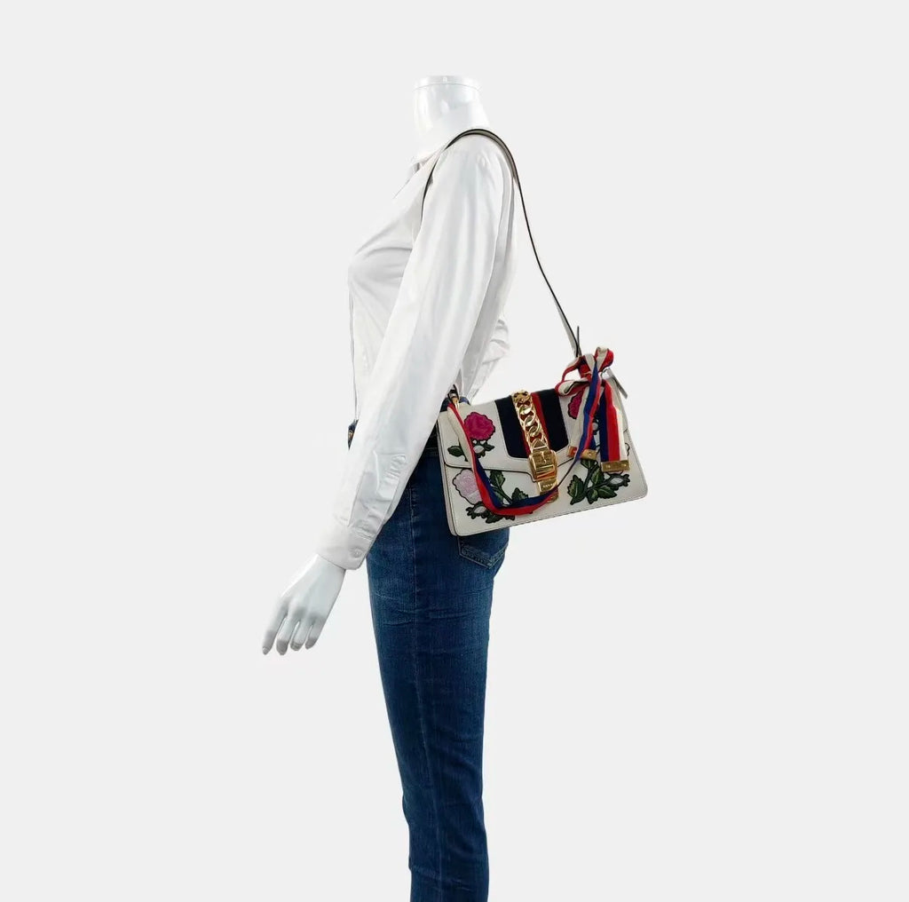 Gucci Sylvie Rose Embroidered Leather Shoulder Bag