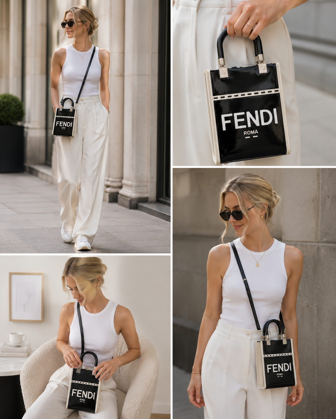 Fendi Sunshine Mini Shopper Tote Bag – Black Leather & Canvas Logo