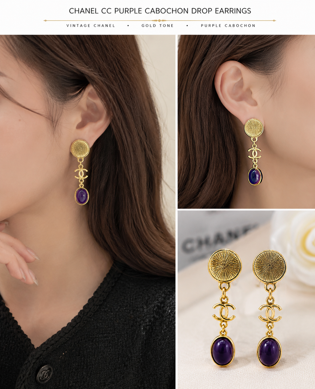 Authentic Chanel CC Purple Cabochon Drop Earrings Gold Tone Vintage