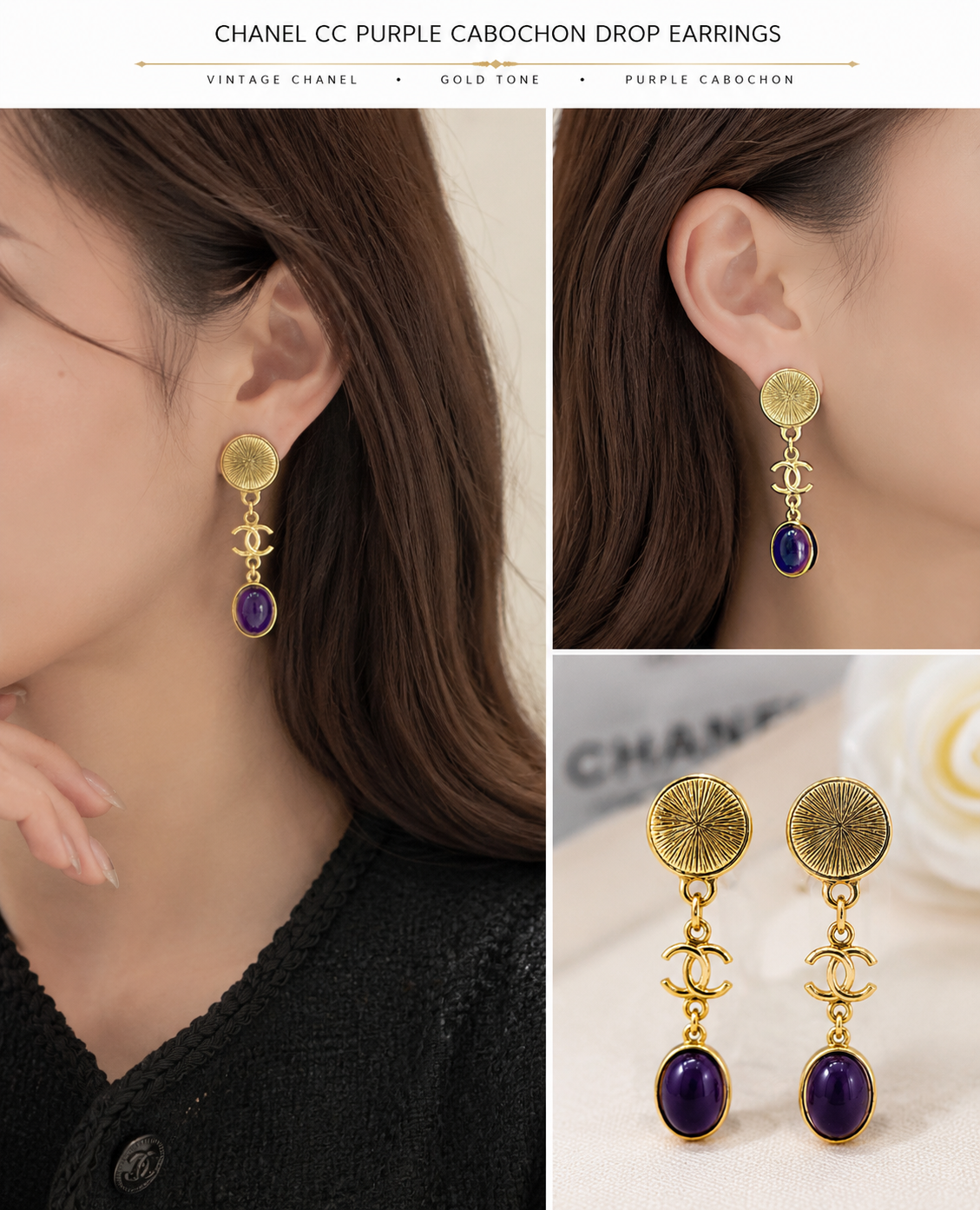Authentic Chanel CC Purple Cabochon Drop Earrings Gold Tone Vintage