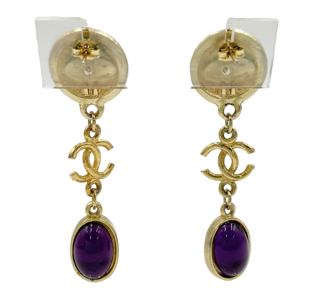 Authentic Chanel CC Purple Cabochon Drop Earrings Gold Tone Vintage