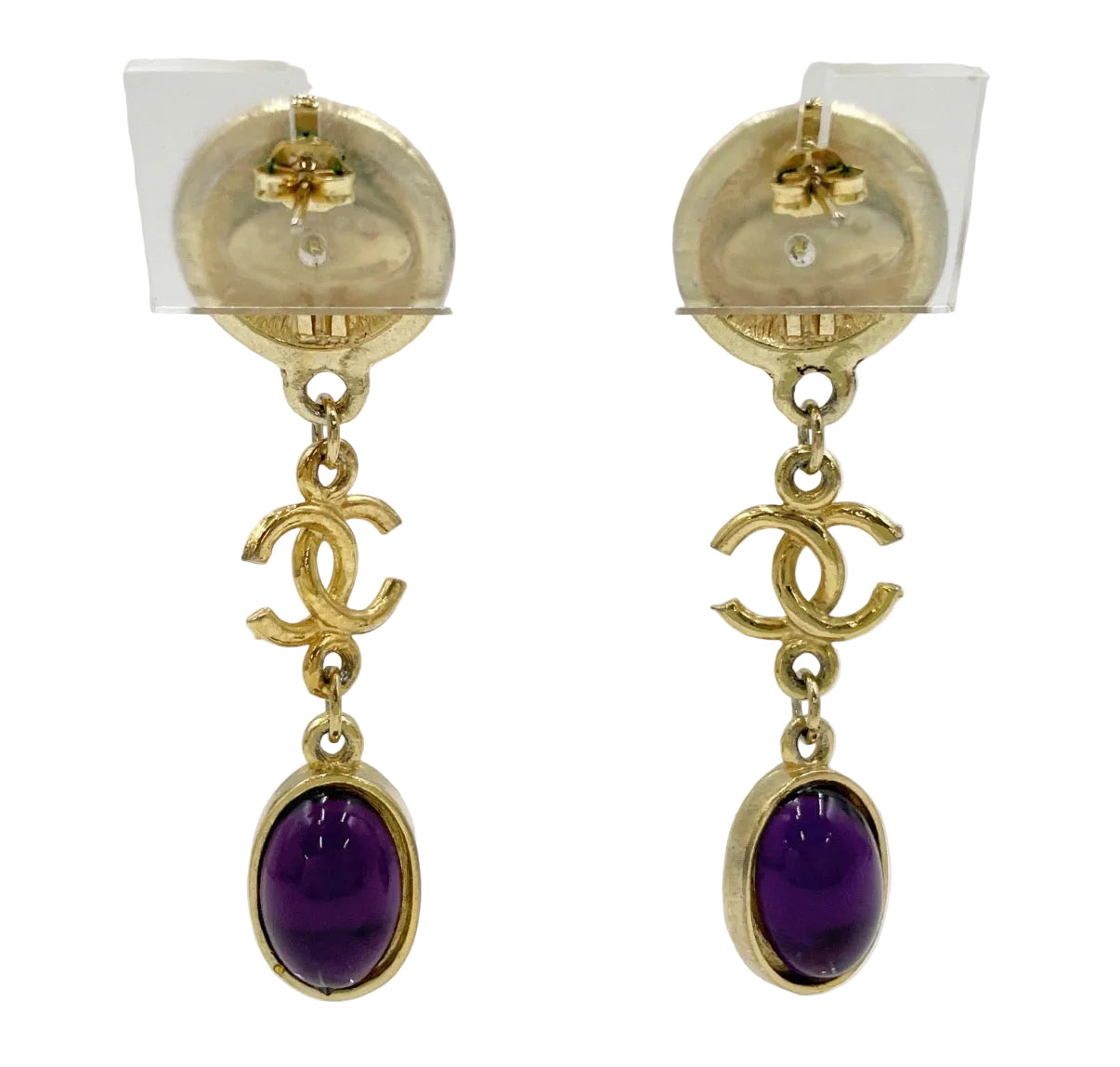 Authentic Chanel CC Purple Cabochon Drop Earrings Gold Tone Vintage