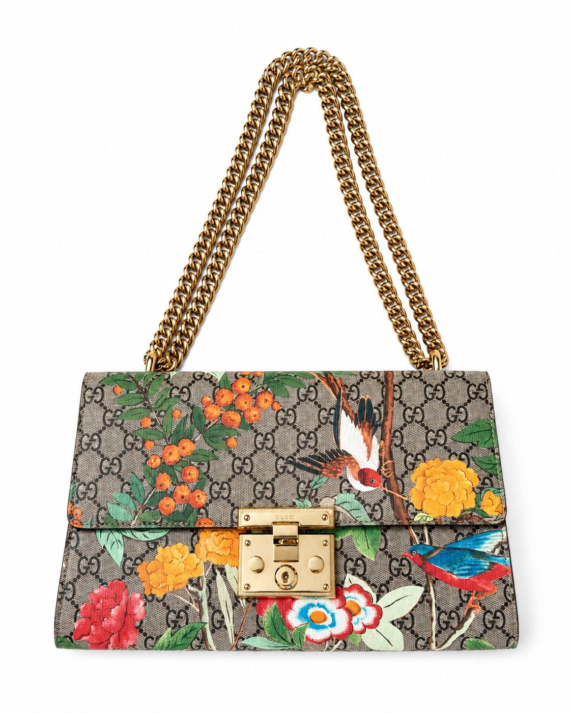 Gucci Tian Floral Bird Print GG Supreme Chain Wallet Crossbody