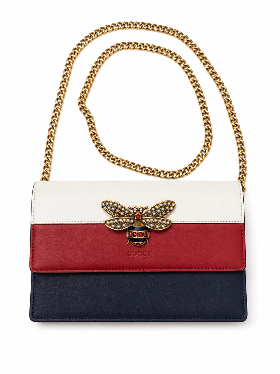 Gucci Queen Margaret Bee Chain Wallet Red White Blue Leather Crossbody
