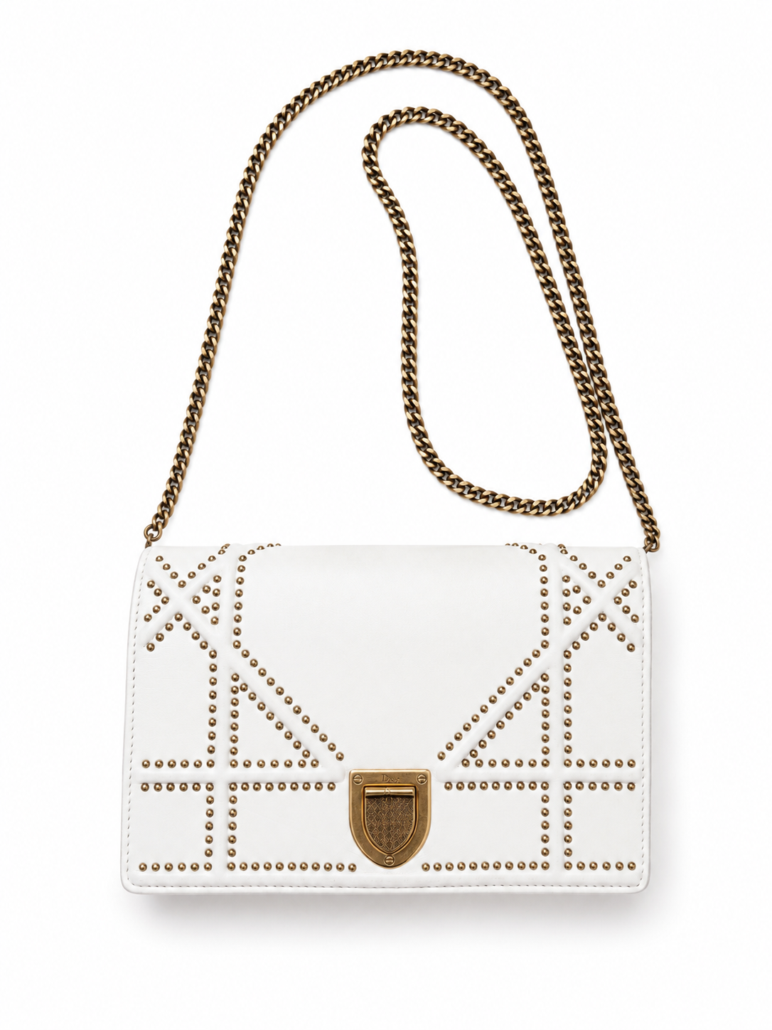 Christian Dior Diorama Studded White Leather Chain Wallet Crossbody Bag