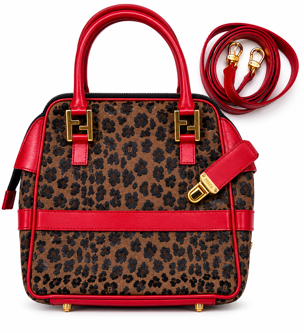 Fendi Leopard Print Mini Boston Bag Red Leather Trim Crossbody
