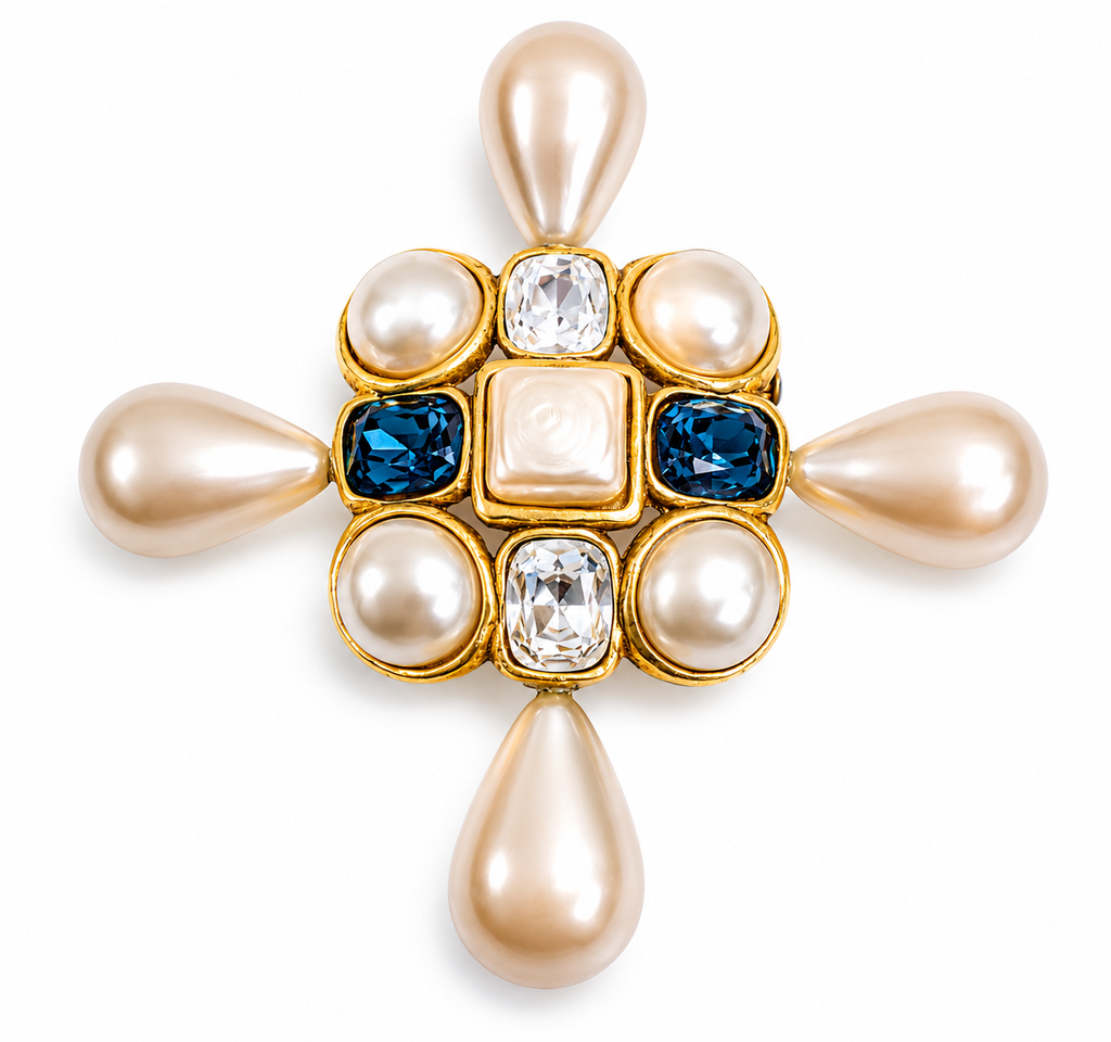 Vintage Chanel Pearl Crystal Cross Brooch Gold Tone France