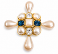 Vintage Chanel Pearl Crystal Cross Brooch Gold Tone France