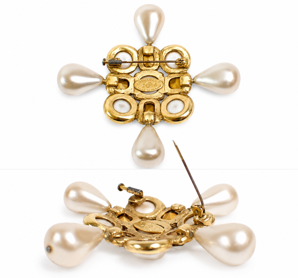 Vintage Chanel Pearl Crystal Cross Brooch Gold Tone France