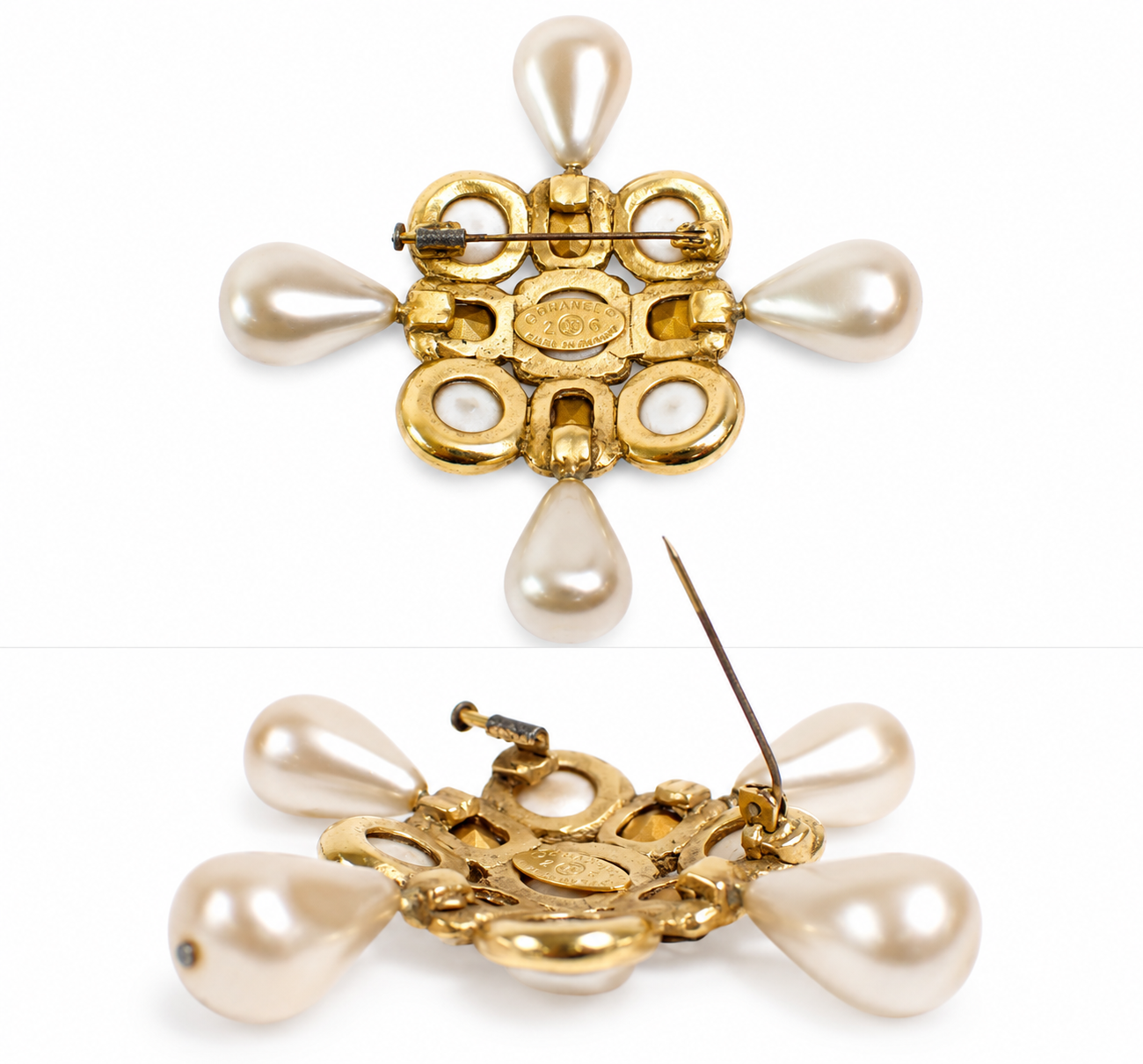 Vintage Chanel Pearl Crystal Cross Brooch Gold Tone France