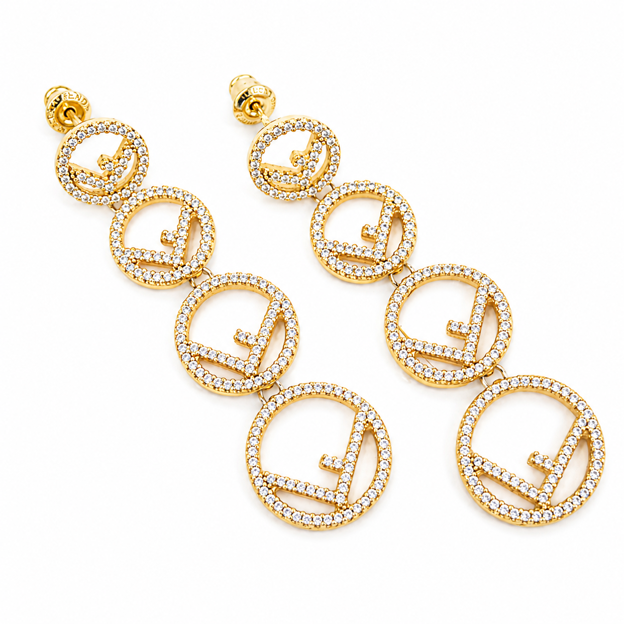 Authentic Fendi Crystal Logo Drop Earrings Gold Tone Made in Italy