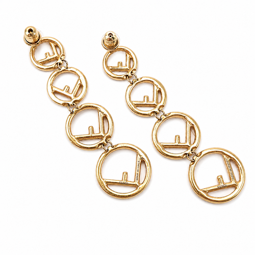 Authentic Fendi Crystal Logo Drop Earrings Gold Tone Made in Italy