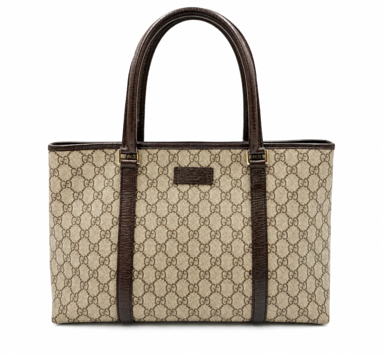 Authentic Gucci GG Supreme Tote Bag Beige Monogram Canvas Brown Leather