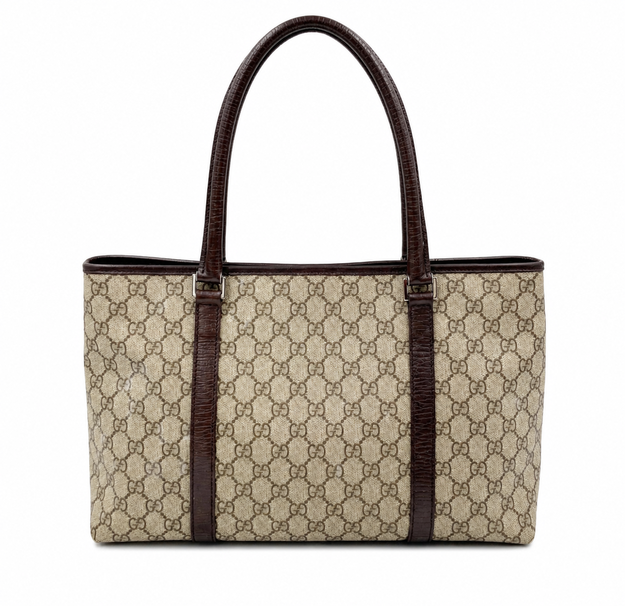 Authentic Gucci GG Supreme Tote Bag Beige Monogram Canvas Brown Leather