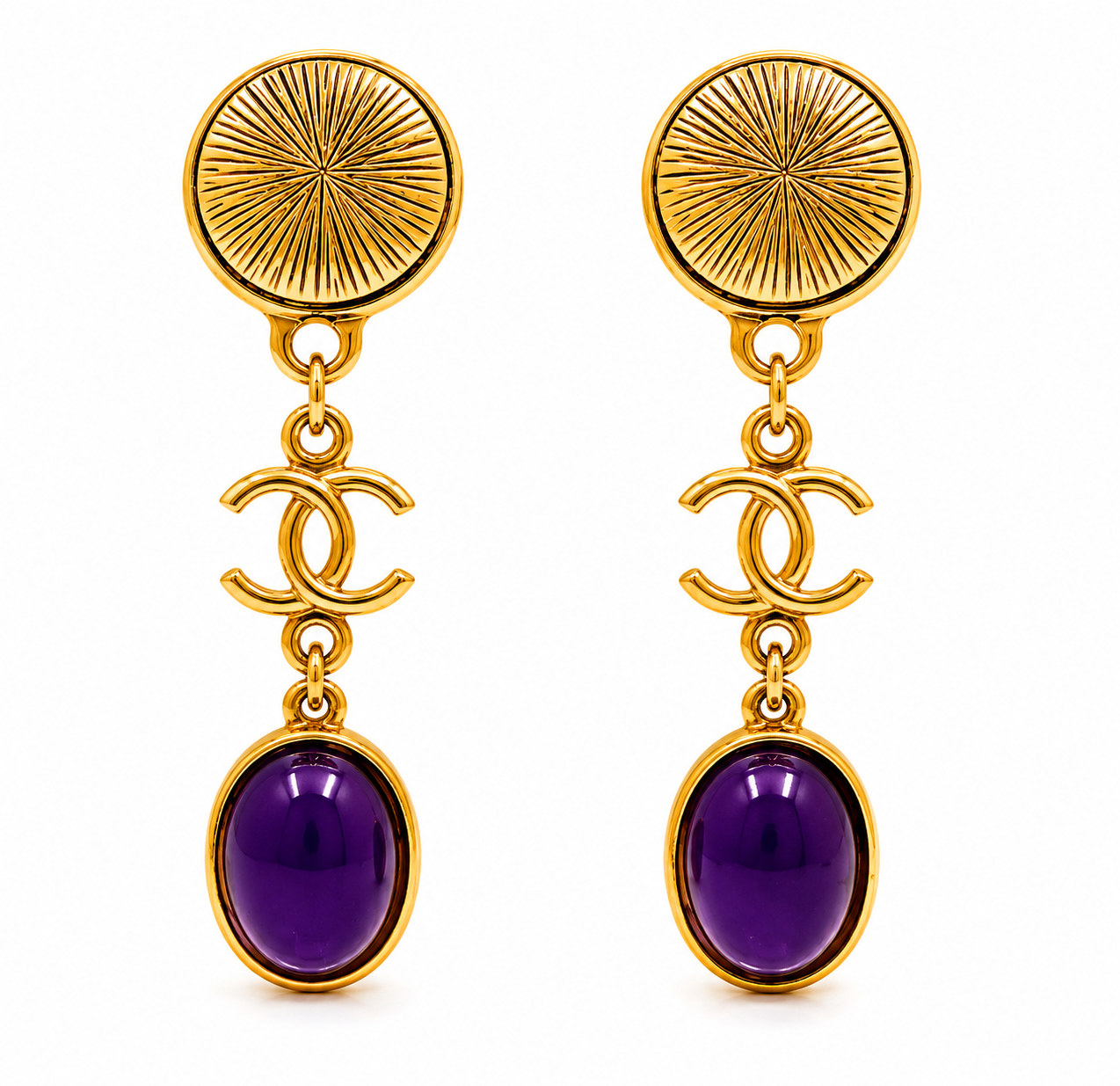Authentic Chanel CC Purple Cabochon Drop Earrings Gold Tone Vintage
