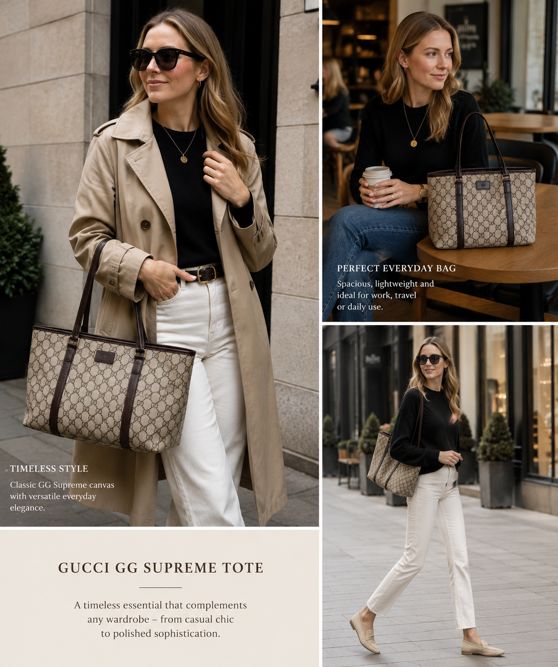 Authentic Gucci GG Supreme Tote Bag Beige Monogram Canvas Brown Leather