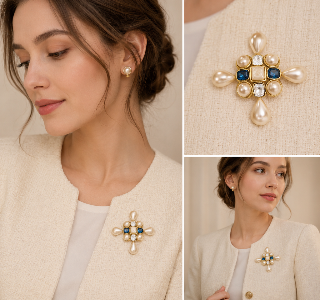 Vintage Chanel Pearl Crystal Cross Brooch Gold Tone France