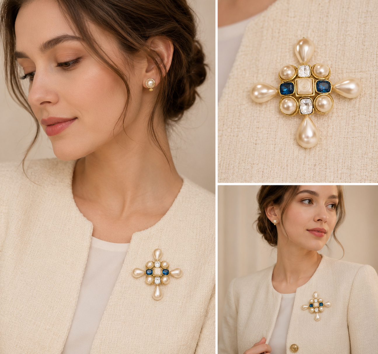 Vintage Chanel Pearl Crystal Cross Brooch Gold Tone France
