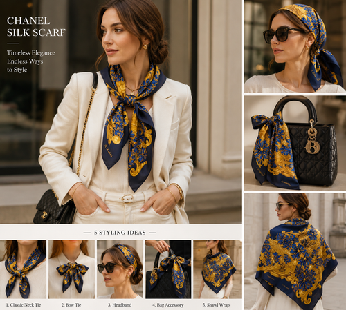Authentic Chanel Vintage Silk Scarf Navy Blue Gold Baroque Floral France